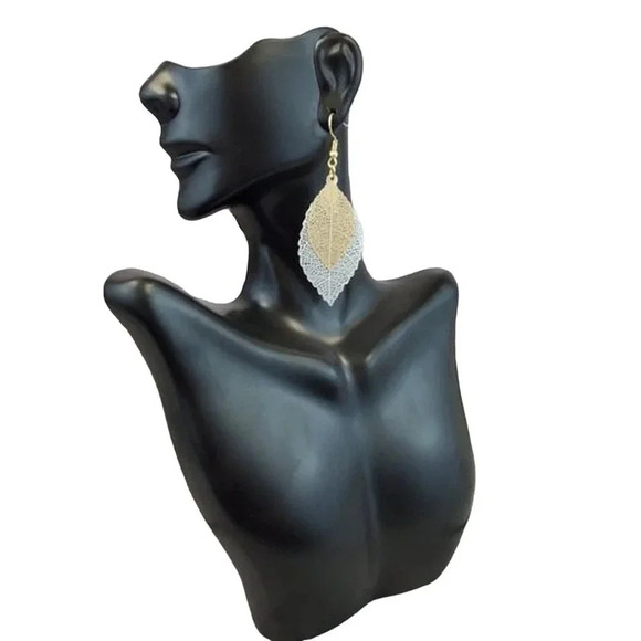 Golden and Silver Skeleton Leaf two layer dangle earrings - Picture 3 of 5